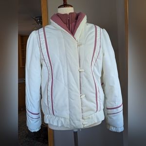 Vintage Puffy White/Pink Ski Jacket Dawn Zippered Toggles Pockets Women's size M